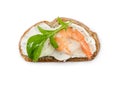 Small sandwich with shrimp and arugula isolated on white Royalty Free Stock Photo