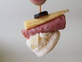 Small sandwiches on toothpicks canapes in hand