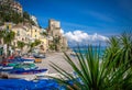 A small sandy beach cove with boats on Amalfi Coast,Cetara Royalty Free Stock Photo