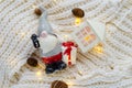 A small Santa Claus figure with a gift and Christmas lights Royalty Free Stock Photo