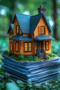 A small scale model of a house sits atop a stack of books, perfect for representing knowledge or learning Royalty Free Stock Photo