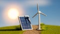 A small scale model representing renewable energy features a solar panel and a wind turbine on a Royalty Free Stock Photo