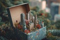 A small scale replica of a city displayed inside a clear box, placed on a Christmas tree, Miniature cityscape inside an open gift