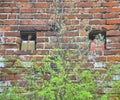 Small sculptures of two people looking from windows in brick wall of house in Torun, Poland Royalty Free Stock Photo