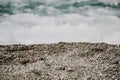 Small sea wave, Blurred Soft foamy waves washing golden sandy beach on sunset. Ocean Waves On Sandy Beach. Nobody Royalty Free Stock Photo