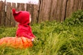 A small serious child in a purple gnome suit sits on the grass beside a huge pumpkin and looks back at the wooden wall. The symbol