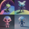 Small set of tiny cute creepy alien creatures, 3D concept characters Royalty Free Stock Photo