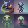 Small set of tiny cute creepy alien creatures, 3D concept characters Royalty Free Stock Photo