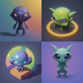 Small set of tiny cute creepy alien creatures, 3D concept characters Royalty Free Stock Photo