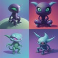 Small set of tiny cute creepy alien creatures, 3D concept characters