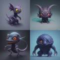 Small set of tiny cute creepy creatures, 3D concept characters Royalty Free Stock Photo