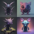 Small set of tiny cute creepy creatures, 3D concept characters Royalty Free Stock Photo