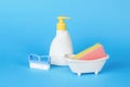 A small set for washing dishes on a blue background Royalty Free Stock Photo