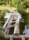 small shabby bridge in park over a pond