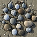 Small shells and bits of seaweed are scattered among the pebbles Royalty Free Stock Photo