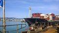 A small ship moored to the pier in the port Royalty Free Stock Photo