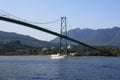 Small ship passing under the Lions Gates Bridge in Vancouver, Canada