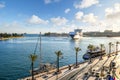 A small ship turns around in the harbor cruise port and bay of Brindisi, Italy