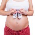 Small shoes for the unborn baby in the belly of pregnant woman Royalty Free Stock Photo