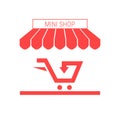 Small Shop, Mini Market Single Flat Vector Icon. Striped Awning and Signboard