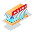 Small shop, minimarket with store sign 24 7 open. Twenty fout hour work, online shopping concept. Royalty Free Stock Photo