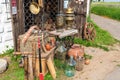 Russia, Uglich, July 2020. Street showcase of an antique shop in the old town with vintage goods.