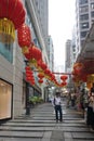 Small shop stall along the walking lane with red Chinese lantern