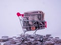 Small shopping cart with banknotes and coins and exchange money using as shopping online or marketing concepts Royalty Free Stock Photo