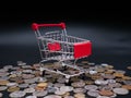 Small shopping cart on coins and banknotes  exchange money using as shopping online or marketing concepts Royalty Free Stock Photo