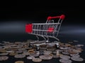 Small shopping cart on coins and banknotes  exchange money using as shopping online or marketing concepts Royalty Free Stock Photo