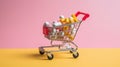 Small shopping cart is filled with various medications, including pills and capsules. The cart is placed on yellow