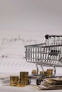 Small shopping cart on stock market charts