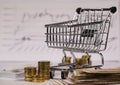 Small shopping cart on stock market charts