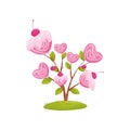 Small shrub with Cake in the form of heart on the branches. Vector illustration on white background.
