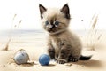 A small Siamese kitten with balls on the shore of a pond Royalty Free Stock Photo