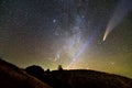 Small silhouette of a scientist with flashlight on his head pointing bright beam of light on starry sky with C/2020 F3 NEOWISE Royalty Free Stock Photo