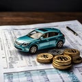 A Small Silver Automobile Model Resting on Financial Statements Surrounded by Piles Royalty Free Stock Photo