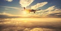 Small single engine airplane flying in the gorgeous sunset sky through the sea of clouds above the spectacular mountains