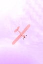 Small single-engine old vintage plane flying against the pink sky, concept of dream, happy future and positive outlook on life