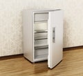 Small size hotel refrigerator standing on parquet floor. 3D illustration