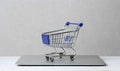 Small size shopping cart standing on the laptop computer Royalty Free Stock Photo