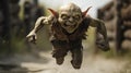 Eerily Realistic Goblin Running On Dirt Road With Strong Facial Expression