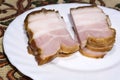 Small slices of bacon on a plate close up