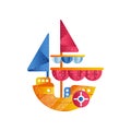 Small sloop ship with colored sails flat vector Illustration on a white background Royalty Free Stock Photo