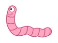 A small smiling pink earthworm with a big eye crawling around the garden