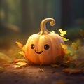 Small smiling pumpkin in the forest. Blurred background of uniform, a Halloween image