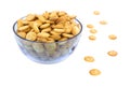 Small snack crackers in blue bowl Royalty Free Stock Photo