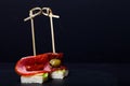 Small snacks canape with salami, bread and lettuce on skewer on