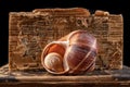 A small snail shell arranged in a large shell. Mollusk shell on the old book cover