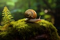 Small snail slowly traversing a moss-covered stone, its spiral shell gleaming in the soft light. Generative AI